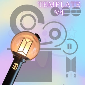 Könnte beinhalten: Ein schwarzer Leuchtstab mit einer leuchtenden Kugel mit einem Logo. Der Text "SKIN TEMPLATE V4" ist oben abgebildet, mit "BTS" unten. Der Hintergrund hat einen Farbverlauf aus Blau, Lila und Gelb.