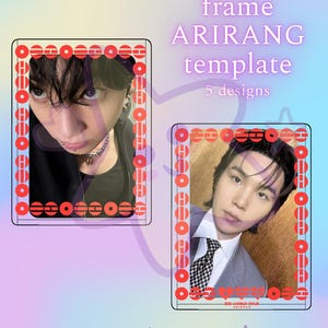May include: Two rectangular photo frames with red and orange circular border designs. The frames contain images of people. Text on the image reads "Toploader frame ARIRANG template 5 designs" and "HOSHI HOSHI".