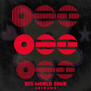 May include: A graphic design with red circular shapes, some with vertical and horizontal lines, set against a dark, textured background. The text "BTS WORLD TOUR ARIRANG" is at the bottom. Includes a star and heart shape.