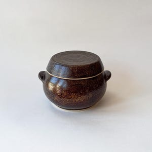 May include: A small, round, lidded ceramic pot with a dark brown glaze. The pot has two small handles and a lighter-colored rim. The surface has a speckled appearance. The lid fits snugly on top. This item is suitable for kitchen or home decor.