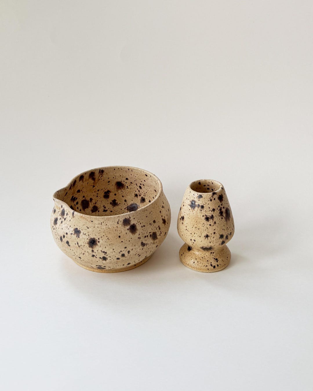 Handmade ceramic matcha bowl and whisk holder set in speckled beige