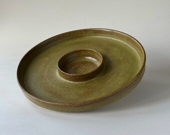 Handmade chip and dip platter in rustic green and brown