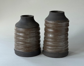 Set of 2 handmade ceramic flower vases in two toned brown