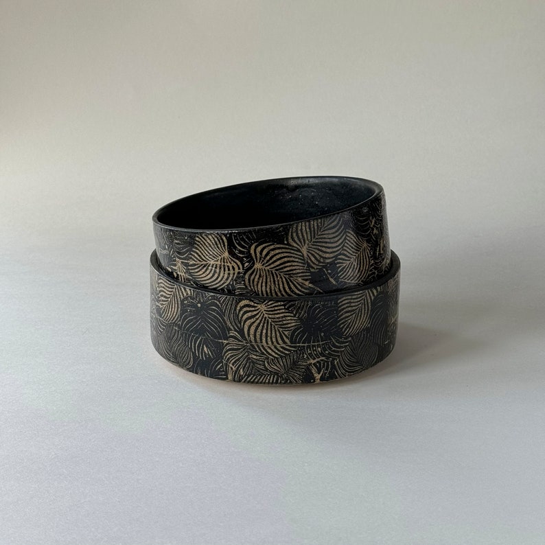 Set of 2 handmade ceramic bowls/dog bowls with leaves print image 1