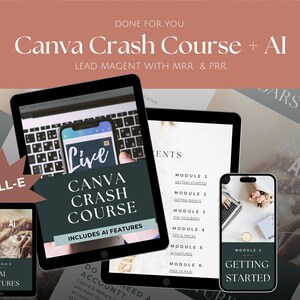 Pode incluir: Anúncio de um curso de marketing digital com vários dispositivos que exibem o texto "Canva Crash Course + AI" e "Includes AI Features". O esquema de cores é principalmente tons suaves de rosa, branco e preto.