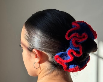 Crochet Scrunchie - Jumbo Scrunchie - Handmade 4+ hours - Vibrant red and blue <3