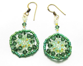 Green flower burst bead woven earrings