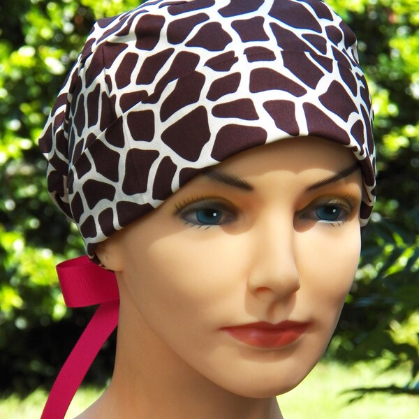 Surgical Scrub Cap or Cancer Hat -Perfect Fit Tie Back with RIBBON TIES-Brown Giraffe