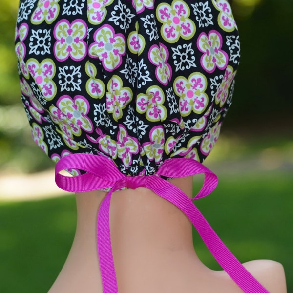 Surgical Scrub Hat Chemo Cap- The Mini with Ribbon Ties- Blackberry Tile