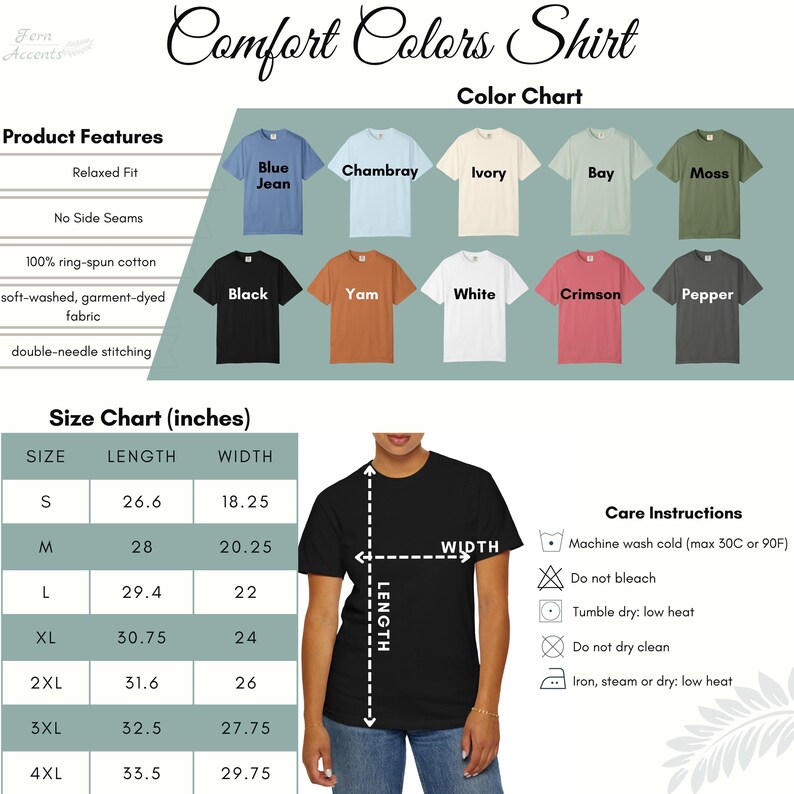 Pu&ograve; includere: Una maglietta nera Comfort Colors &egrave; mostrata, con una tabella delle taglie che indica lunghezza e larghezza in pollici. La tabella dei colori mostra vari colori di magliette, tra cui blu jeans, nero e bianco. Le caratteristiche del prodotto includono vestibilit&agrave; rilassata e tessuto lavato morbido.