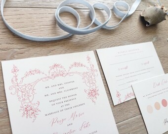 May include: A wedding invitation with a pink floral design and the text "Mr. and Mrs. Stoffer and Mr. and Mrs. Clairmont request the honor of your presence at the marriage of their children Paige Marie and Connor Luke June".