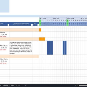 Op de afbeelding: Een spreadsheet met een kalenderweergave die schoonmaakafspraken voor een woning op 19 Airbnb Hill Rd. laat zien. De spreadsheet toont de data en tijden van inchecken en uitchecken voor elke afspraak. De spreadsheet bevat ook aanvullende instructies voor elke afspraak.