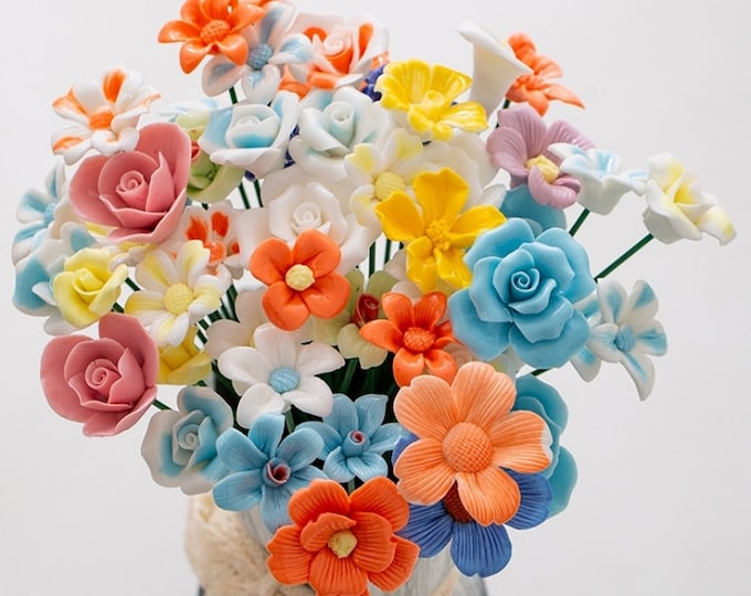 Handmade Ceramic Flower with Stem: Unique Garden Ornament
