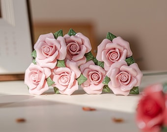 Handmade Porcelain Rose Sculpture: Ceramic Flower Garden Stake