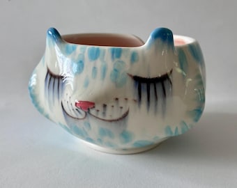 Handmade Porcelain Blue Cat Yarn Bowl