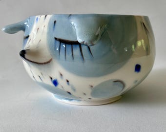 Handmade Porcelain Grey Spotted Dog Yarn Bowl