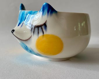 Handmade Porcelain Blue Cat Berry Bowl