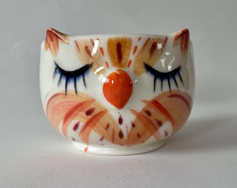 Handmade Porcelain Orange and Brown Owl Snack Bowl