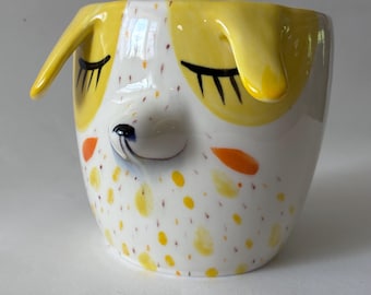 Handmade Porcelain Yellow Dog 5" tall Indoor Planter