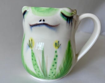 Handmade Porcelain Green and White Frog Mug
