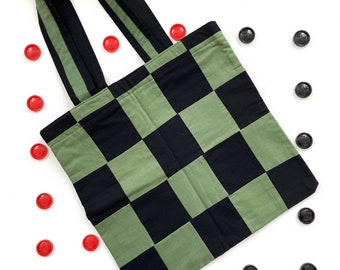 CLEARANCE Checkered Green Black Tote Bag Patchwork Mod Black Green Bag Hipster Bag Unisex Green Bag Farmers Market