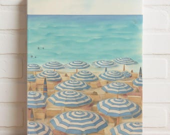 French Riviera Watercolor Wall Print with Blue Striped Beach Umbrellas (Digital Download)