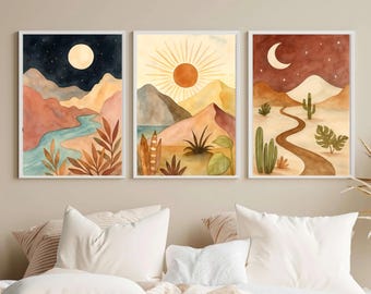 Conjunto de impresiones artísticas de paisajes desérticos bohemios: Sol, luna y montañas abstractos (descarga digital)