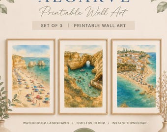Mediterranean Algarve Portugal Coastal Watercolor Style Wall Art (Digital Print Set of 3)