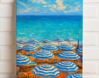 Mediterranean Beach Print with Blue Striped Umbrellas in Oil Painting Style (Digital Download)