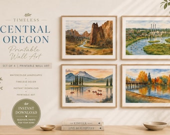 May include: A set of four framed watercolor landscape prints depicting Central Oregon scenes, including rock formations, a river town, a mountain lake with canoes, and a wooden bridge. The text reads: TIMELESS CENTRAL OREGON Printable Wall Art.