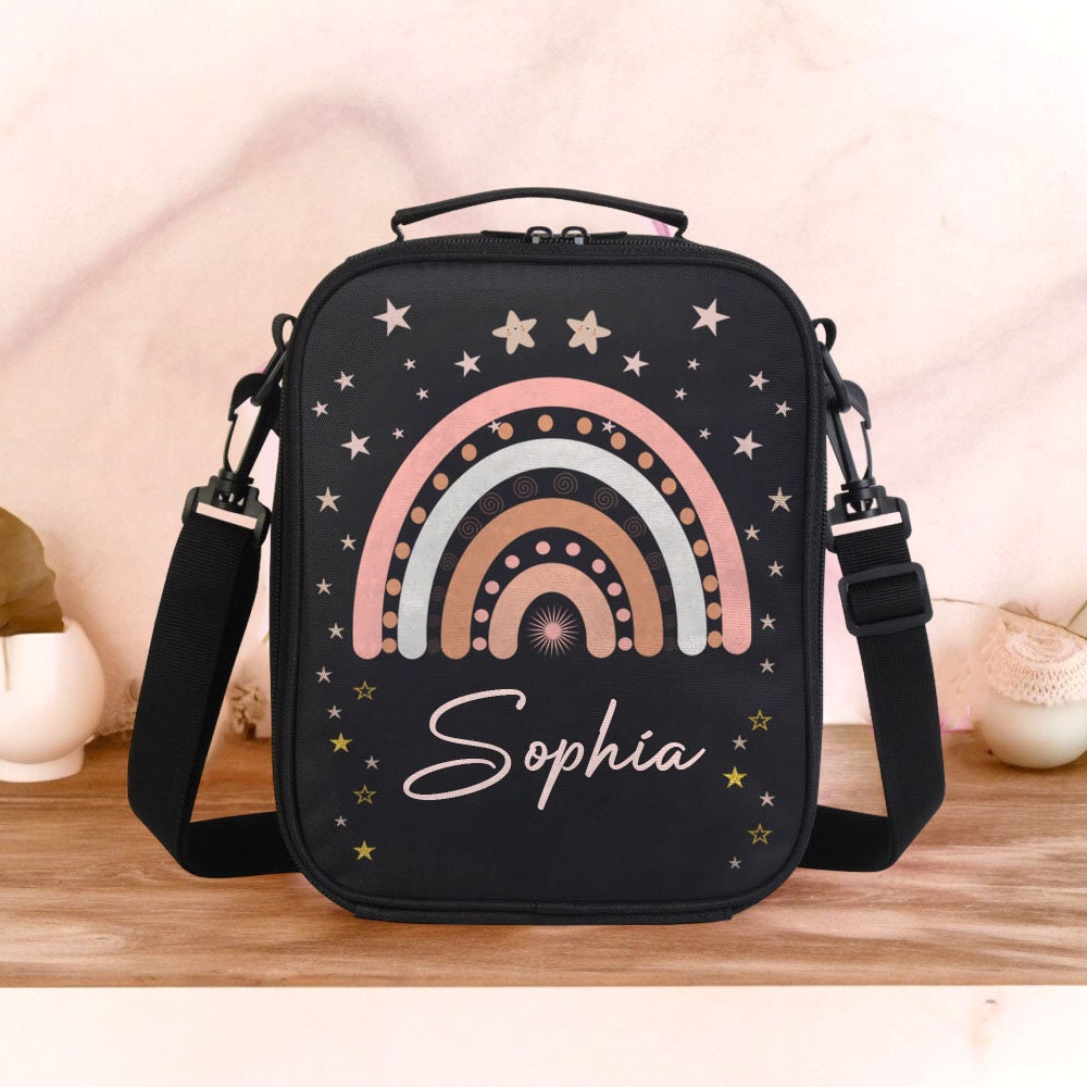 Personalized Kids Lunch Box Lunch Bag with his Name, Wooden Children&#39;s Lunch Box, Rainbow Lunch Bag, back to school gift, Birthday Gifts