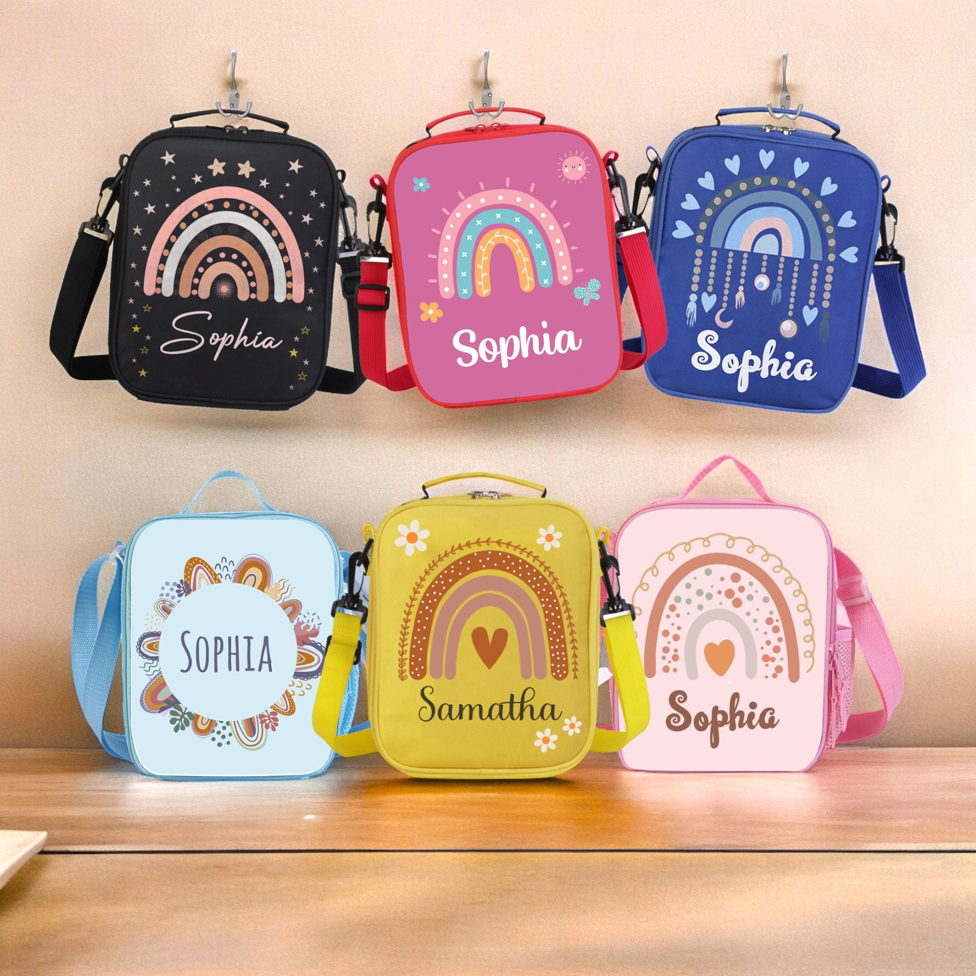 Personalized Kids Lunch Box Lunch Bag with his Name, Wooden Children&#39;s Lunch Box, Rainbow Lunch Bag, back to school gift, Birthday Gifts