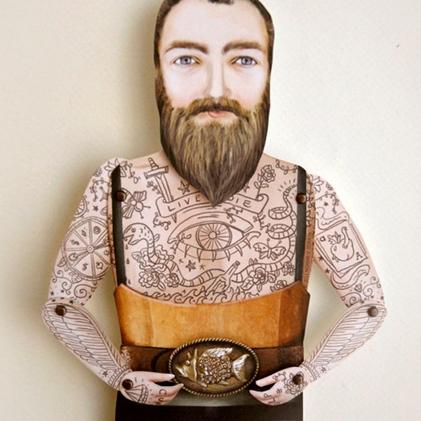 Ready to Ship! Tattoo Beard Man Paper Doll Puppet - Sir Kyle, Victorian Lumberjack. Illustrated  Sideshow Carnival Decorative Art Doll