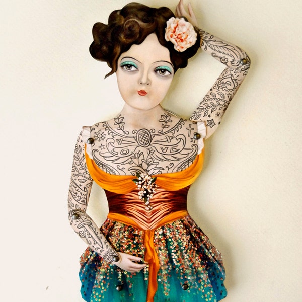 Ready to Ship! Victorian Tattoo Paper Doll Puppet. Miss Luna, Dancer Handmade Articulated Figure. Circus Carnival Themed Decoration.