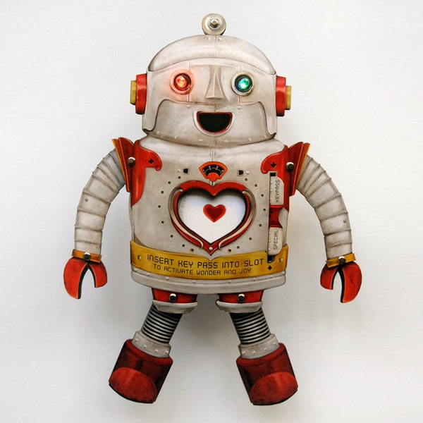 Valentine's Day Robot. Personalized Paper Puppet Toy with blinky fun lights & custom key card! For birthdays, anniversaries too.