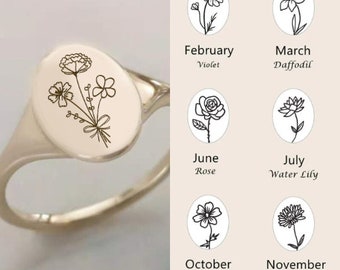 Anillo de flores de nacimiento personalizado, anillo del mes de nacimiento de plata de ley, anillo floral delicado, anillo personalizado, día de la madre, regalo de aniversario para la esposa