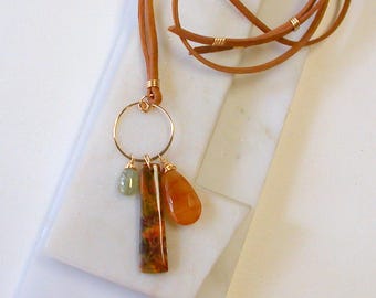 OOAK. One of A Kind Necklace. Gemstone Pendant Necklace. Red River Creek Jasper. Rutialted Quartz. Sapphire.