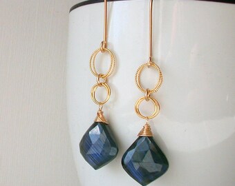 Large Statement Labradorite and Gold fill Earrings. Blue Flash Labradorite Shield Earrings. Statement Earrings. Gifts for Her. Jewelry Gift.