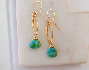 Simple Drops. Chrysocolla Gemstone Minimalist Earrings