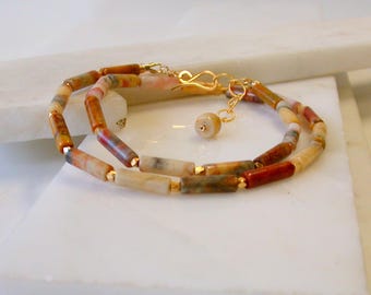 Crazy Lace Agate Gemstone Sunrise Necklace. Girlfriend Gift. Artisan made Jewelry. Beaded Layering Necklace.