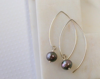 Natural Black Pearl Curving Earrings. Sterling silver or 14k gold fill.