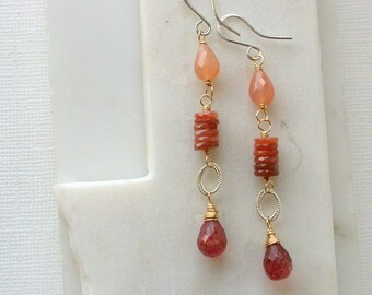 SALE! Sunset Gemstone Linear Earrings. Peach Moonstone, Sunstone and Watermelon Quartz Drop and Dangle Earrings.