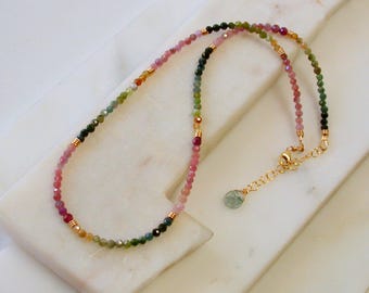 Faceted Tourmaline Gemstone Beaded Necklace, 14k Gold Fill