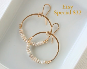 Winter White Gemstone Hoops. !" Round Gemstone Hoops. Gold and Gemstone Hoops. White Jade Hoop Earrings. Gifts for Her. Rose or Yellow Gold