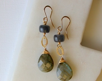 Labradorite And Blue Jade Earrings. Blue and Gray Gemstone Earrings. Labradorite Dangle Earrings.