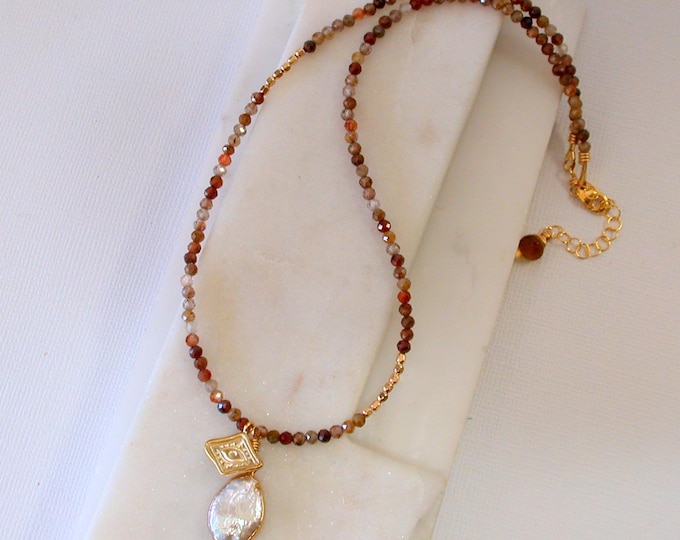 Featured listing image: Natural Zircon Beaded Necklace with Pearl and Evil Eye Pendant