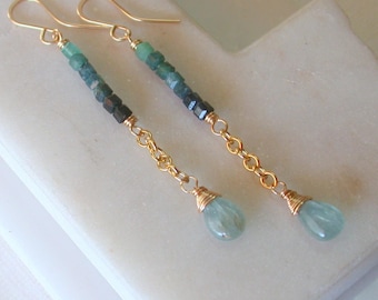 Polished Aquamarine and Cubed Blue Tourmaline Earrings