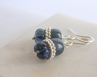 Gemstone Stack Earrings. Carved Blue Quartz and Jade  Earrings. Blue Gemstone Earrings. Small Gemstone Earrings.