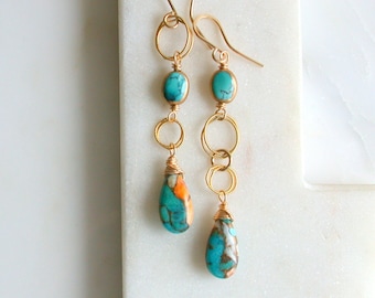 Oyster Turquoise Earrings. Turquoise Threader Earrings. Gemstone Earrings. Summer Beach Turquoise Earrings. Boho Turquoise Earrings.