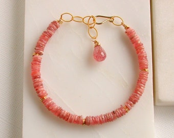 Rhodochrosite Gemstone Bracelet. Pink Gemstone Bracelet. Pink Stone Strand Bracelet.